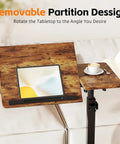 Adjustable Overbed Table With C Shape Design Portable Rolling Desk showing pivot desktop with tablet and coffee cup, brown finish