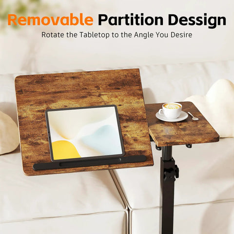 Adjustable Overbed Table With C Shape Design Portable Rolling Desk showing pivot desktop with tablet and coffee cup, brown finish