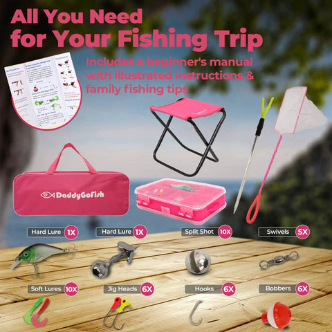 Kids Fishing Pole And Reel Combo Starter Set With Tackle Box And Carry Bag, Portable Telescopic Rod, Pre Spooled 8Lb Line, Collapsible Chair, Rod Holder, Bait Net, And Loaded Tackle Kit For Beginners Pink 5ft, featuring fishing accessories and guide.