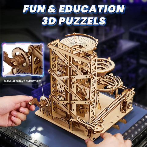 3D Wooden Marble Run Puzzle Kit For Adults, Mechanical Wood Roller Coaster Model, Brain Teaser Build, 330 Pieces, DIY Hobby Gift, Christmas Craft Kit, Home Decor Gift For Puzzle Lovers, hand-cranked view