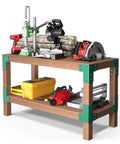 Heavy Duty Workbench Bracket Kit 8 Pack 4mm Steel Corner Brackets For 2x4 Lumber Rust Resistant Powder Coated Easy DIY Assembly With Screws Included Durable Garage Shelving And Framing Hardware shown installed with tools on a wooden workbench.