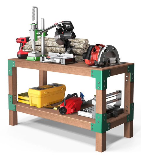 Heavy Duty Workbench Bracket Kit 8 Pack 4mm Steel Corner Brackets For 2x4 Lumber Rust Resistant Powder Coated Easy DIY Assembly With Screws Included Durable Garage Shelving And Framing Hardware shown installed with tools on a wooden workbench.