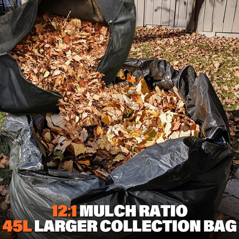 Cordless Leaf Blower Vacuum Mulcher 3 In 1 with bag showing 12:1 mulch ratio and 45L collection bag for yard cleanup