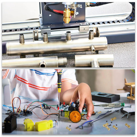 Child assembling RC car with tools; 5 Pack 3mm to 3mm Brass Shaft Coupler Connector nearby with screws and hex wrench; robotics activity