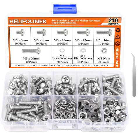 Kickass 304 Stainless Steel Metric Screw Kit With Phillips Pan Head Bolts M5 X 6mm 8mm 10mm 12mm 16mm 20mm Matching Hex Nuts And Lock Washers, organized in clear box