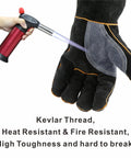 Extreme Heat Resistant Leather Work Gloves With Kevlar Stitching displayed with a torch flame demonstrating durability against high heat.