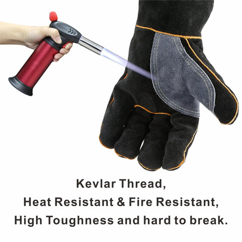 Extreme Heat Resistant Leather Work Gloves With Kevlar Stitching displayed with a torch flame demonstrating durability against high heat.