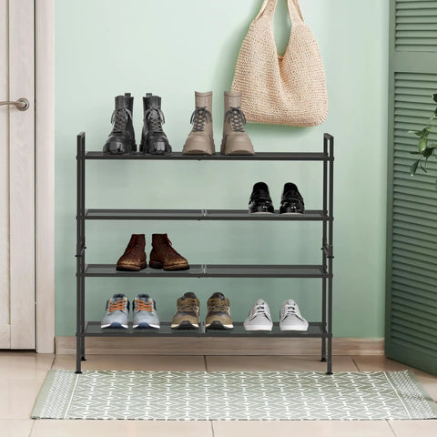 Two Tier Stackable Metal Wire Shoe Rack In Black Stores Six Pairs Of Kicks With Room For Loose Slippers Tough Heavy Gauge Steel Quick One Person Build Out For Closets Or Mudrooms