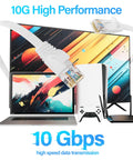 Flat Cat 6 Ethernet Cable 100 Ft UTP 10Gbps High Speed Pure Copper For Reliable Home And Office Network Wiring White shown with devices