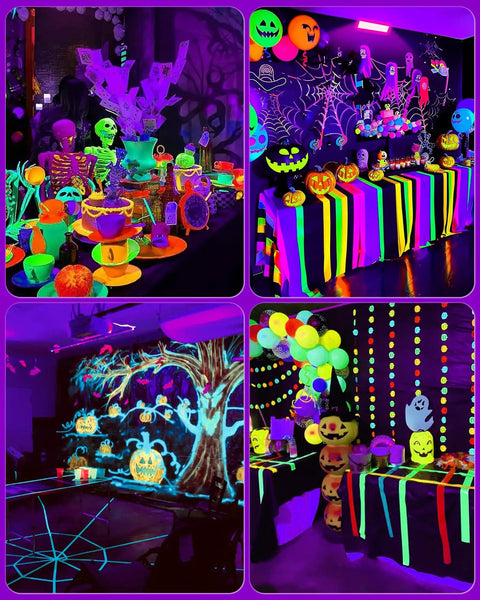 3 Pack 42W LED Black Light Bar Flood Lights With Six Foot Power Cord creating glow party vibes with UV decorations