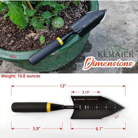 Beefy Heavy Duty Garden Trowel With Serrated Stainless Steel Blade Left Side Three Inch Sawtooth Hand Shovel, dimensions shown.