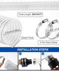 All In One 10 Ft PVC Dust Collection Hose Kit With 4 In To 2 And 1 Half In Cone Reducer, clamps and installation steps diagram.