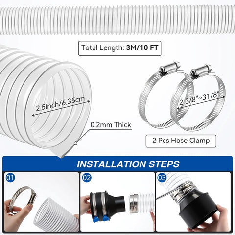 All In One 10 Ft PVC Dust Collection Hose Kit With 4 In To 2 And 1 Half In Cone Reducer, clamps and installation steps diagram.