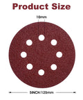 150 Piece 5 Inch 8 Hole Sanding Discs For Woodworking Aluminum Oxide Sandpaper With Hook And Loop Adhesive 40 Grit For Random Orbital Sander Perfect For DIY Pros showing product size.