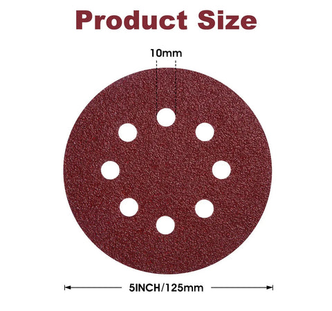 150 Piece 5 Inch 8 Hole Sanding Discs For Woodworking Aluminum Oxide Sandpaper With Hook And Loop Adhesive 40 Grit For Random Orbital Sander Perfect For DIY Pros showing product size.
