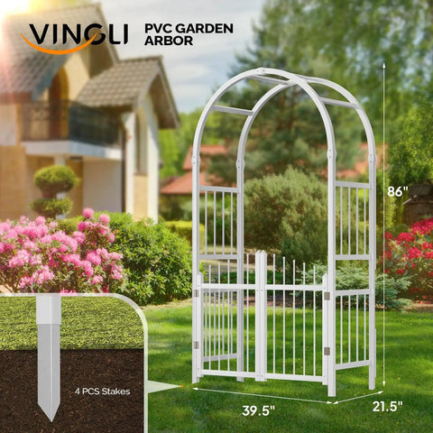 Garden Arbor With Gate PVC Frame Trellis Arch For Climbing Plants Outdoor Wedding Backdrop White Vinyl Pergola