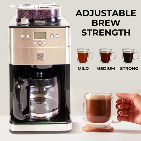 Grind And Brew Coffee Maker With Burr Grinder For Consistent Flavor, 12 Cup Programmable Timer, showing adjustable brew strength.