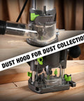 Compact Router Combo Kit With Fixed Base And Plunge, 6.5 Amp Power, dust collection feature in use on wood.