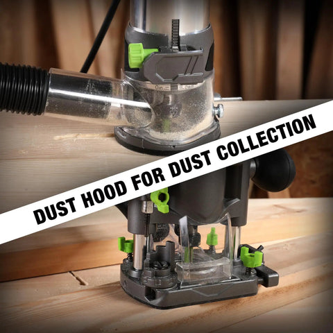 Compact Router Combo Kit With Fixed Base And Plunge, 6.5 Amp Power, dust collection feature in use on wood.