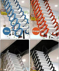 Rock Solid Aluminum Alloy Pull Down Attic Ladder Built Tough Motorized Stealth Loft Stairs in blue, orange, white, and black colors.