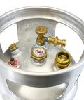 Flame King 33.5 lb aluminum forklift propane tank with gauge and brass valves, top view