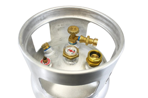 Flame King 33.5 lb aluminum forklift propane tank with gauge and brass valves, top view
