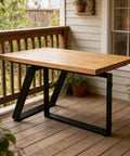 Heavy Duty Steel Table Legs Set Of Two, Rock Solid Black Metal Stand With Adjustable Leveling Feet, straight table with natural wood top on porch