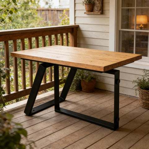 Heavy Duty Steel Table Legs Set Of Two, Rock Solid Black Metal Stand With Adjustable Leveling Feet, straight table with natural wood top on porch