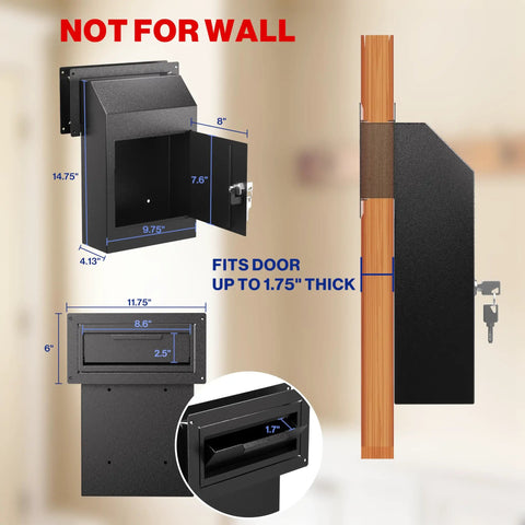 Dimensions and features of Through The Door Locking Mail Drop Box For Mail And Keys Heavy Duty Steel Lockbox with key.