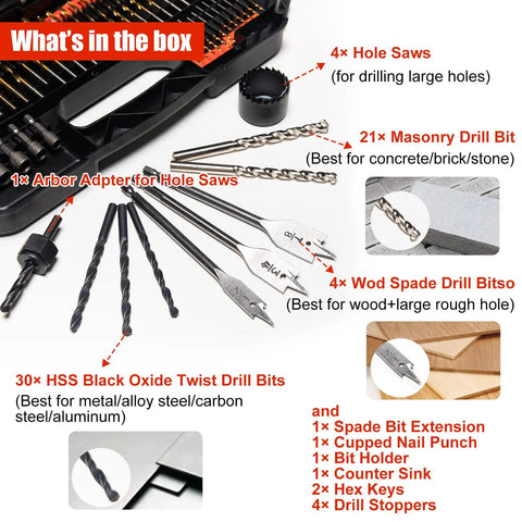 Beast 246-Piece Titanium HSS Drill Bit Set With Carry Case showing hole saws, masonry drills, spade bits, and twist drills.