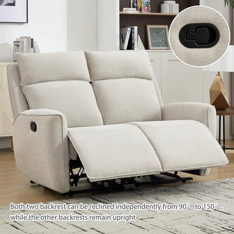 Two Seat Manual Loveseat Recliner Sofa With Wall Hugger Design, Independent Reclining Seats From 90 To 150 Degrees, Chenille Beige Fabric, Cozy Double Seater For Living Room Or Apartment in living room setting
