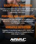 NAVAC NML1 refrigerant leak detector banner showing NAVAC logo and orange text about a semiconductor sensor.