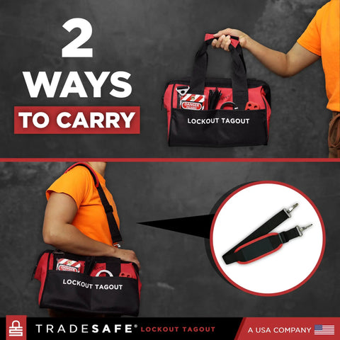 Heavy Duty Lockout Tagout Bag shown in two carrying styles, featuring durable canvas for tool organization on worksites.
