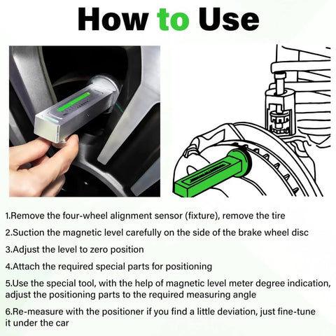 Universal Wheel Alignment Tool With Magnetic Camber Gauge being used on a car brake rotor for alignment.