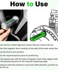 Universal Set Of Camber Wheel Alignment Tools that snag onto wheels, showing usage steps on brake rotor for adjustment.