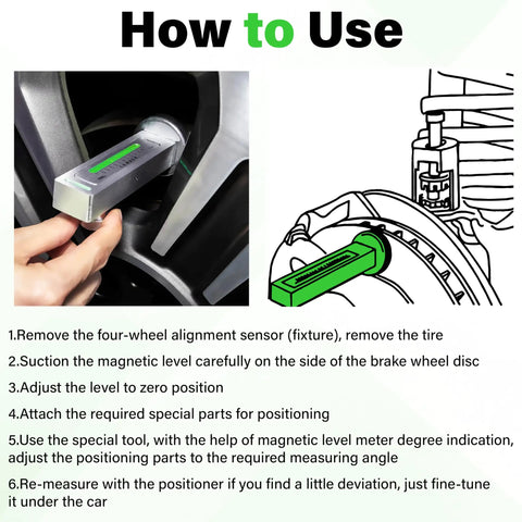 Universal Set Of Camber Wheel Alignment Tools that snag onto wheels, showing usage steps on brake rotor for adjustment.