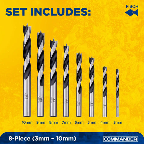 Brad Point Drill Bit Set For Wood MDF And Acrylic 8 Pc 3mm To 10mm Beveled Edge Chrome Vanadium Coated Bits Displayed