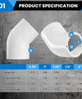 1 Inch 45 Degree PVC Elbow Fitting Two Way Connector Kit Schedule 40 Furniture Grade specification chart
