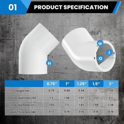 1 Inch 45 Degree PVC Elbow Fitting Two Way Connector Kit Schedule 40 Furniture Grade specification chart