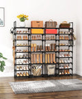 Beefy 9 Tier Shoe Rack Organizer For Entryway, Closet Or Garage, tall black storage shelf with steel frame, holding shoes and boxes.