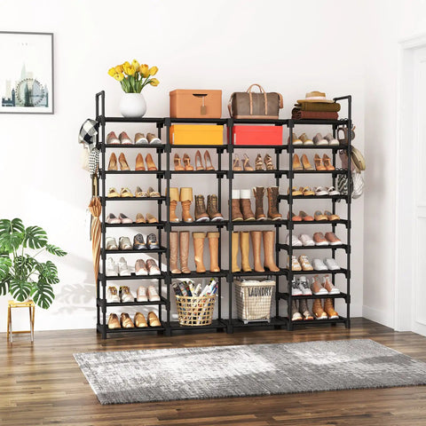 Beefy 9 Tier Shoe Rack Organizer For Entryway, Closet Or Garage, tall black storage shelf with steel frame, holding shoes and boxes.