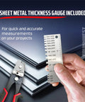 Hand holding thickness gauge with Snap Lock Punch Tool for Sheet Metal and Ductwork, Gutter End Cap Crimper.