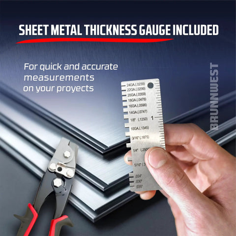 Hand holding thickness gauge with Snap Lock Punch Tool for Sheet Metal and Ductwork, Gutter End Cap Crimper.