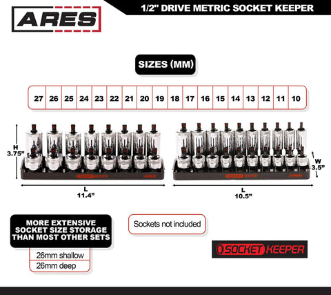 Image of Ares 1/2" Drive Metric Socket Keeper with multiple sockets and dimensions, showing 26mm shallow and deep storage.