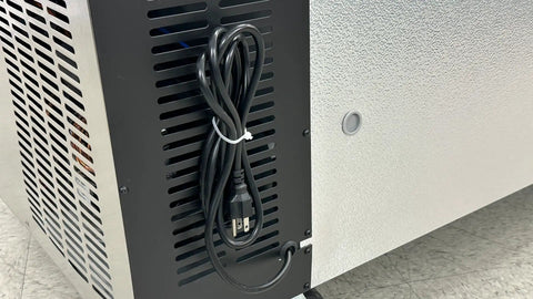 Rugged Build 72 Inch Chef Base Commercial Refrigerator With Four Smooth Gliding Stainless Steel Drawers power cord and vent detail.