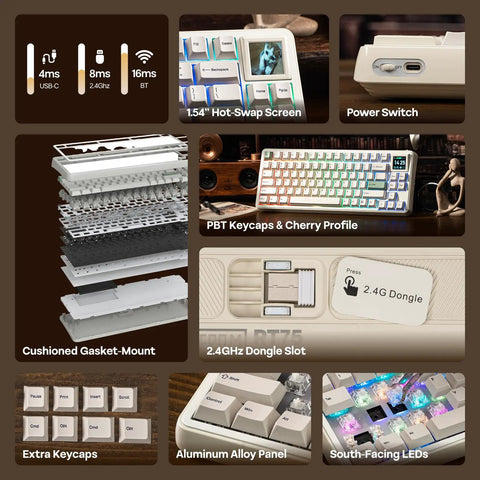 Slick Retro Wireless Mechanical Keyboard Featuring Hot Swap Switches And Compact Display Screen For Epic Gamer Desk Setup With Dope Typing Feel Rad Fern Green Color Palette Cool Workspace Essential, showcasing hot-swap screen, PBT keycaps, and features.