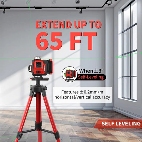4D Self Leveling Laser Level With 16 Lines And 4x360 Degree Coverage, Green Cross Beams on a 40 Inch Tripod in a room
