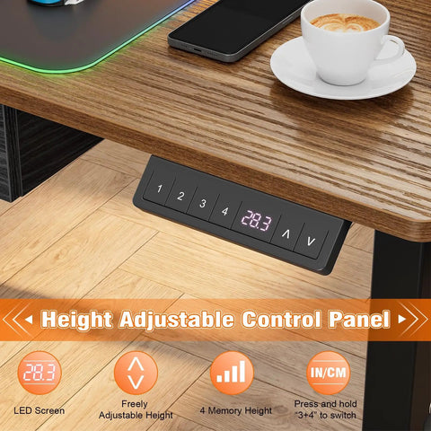 Super Slick Electric Lift Desk With Height Adjustable Standing Gaming Station And Super Cool 10 Color LED Lighting Modes For Ultimate Vibe control panel showing height and memory settings.