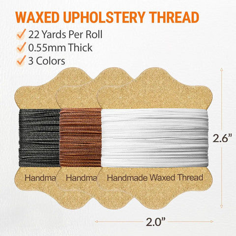 3-color waxed thread spools, 22 yards each, 0.55 mm thick with 2.6 inch height, part of Upholstery Repair Kit With Waxed Thread In 3 Colors And Heavy Duty Needles Set Of 11 For Leather Canvas And Quilting Projects DIY Friendly Pro Grade Polyester Thread For Repairs.