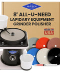 AllUNeed 8 Inch Lapidary Polisher And Cabbing Machine For Rocks And Minerals Flat Lap Gemstone Shaper Stone Grinder Tools Polishing Gear 115V Only For Hobbyists And Pros displayed with accessories and packaging